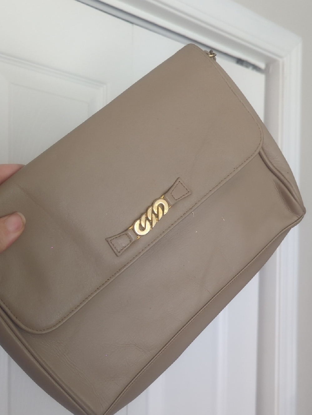 Vintage 80s AF! LOL Taupe Leather Clutch Wristlet with Gold Accent